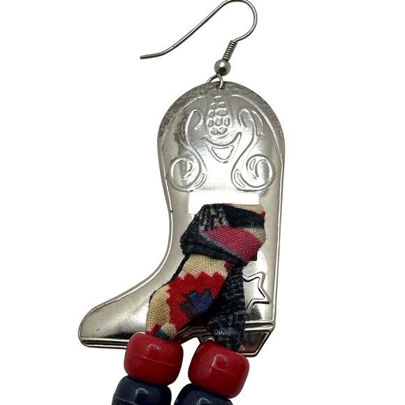 Handcrafted Cowboy Boot Earrings Jewelry Set with Red/White/Blue Beaded Bracelet - Picture 6 of 8